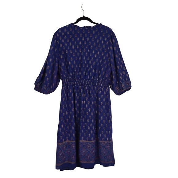 Lapogee Midi Dress Womens Boho 3X Blue Gold Teal Print Elastic Waist Tie Neck - Picture 9 of 11